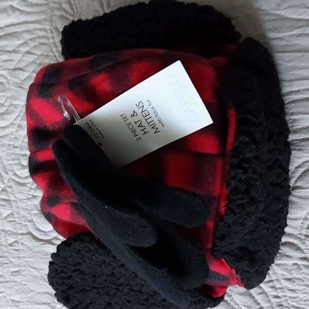 Capelli 2 Piece Set Hat & Mittens Black /Red Check Hat, Black Mittens 12-24mos.